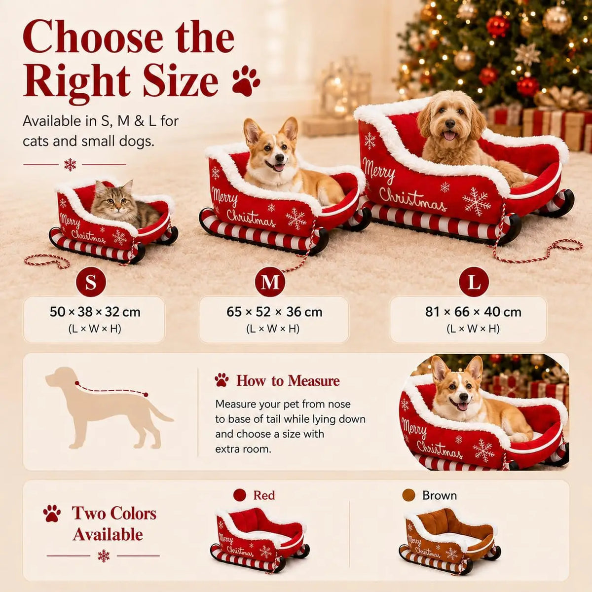 Christmas Dog Bed Sleigh, Santa Themed Calming Pet Sofa with Raised Sides, Soft Plush Winter Dog Sleigh Bed, Washable for Pets (Large)