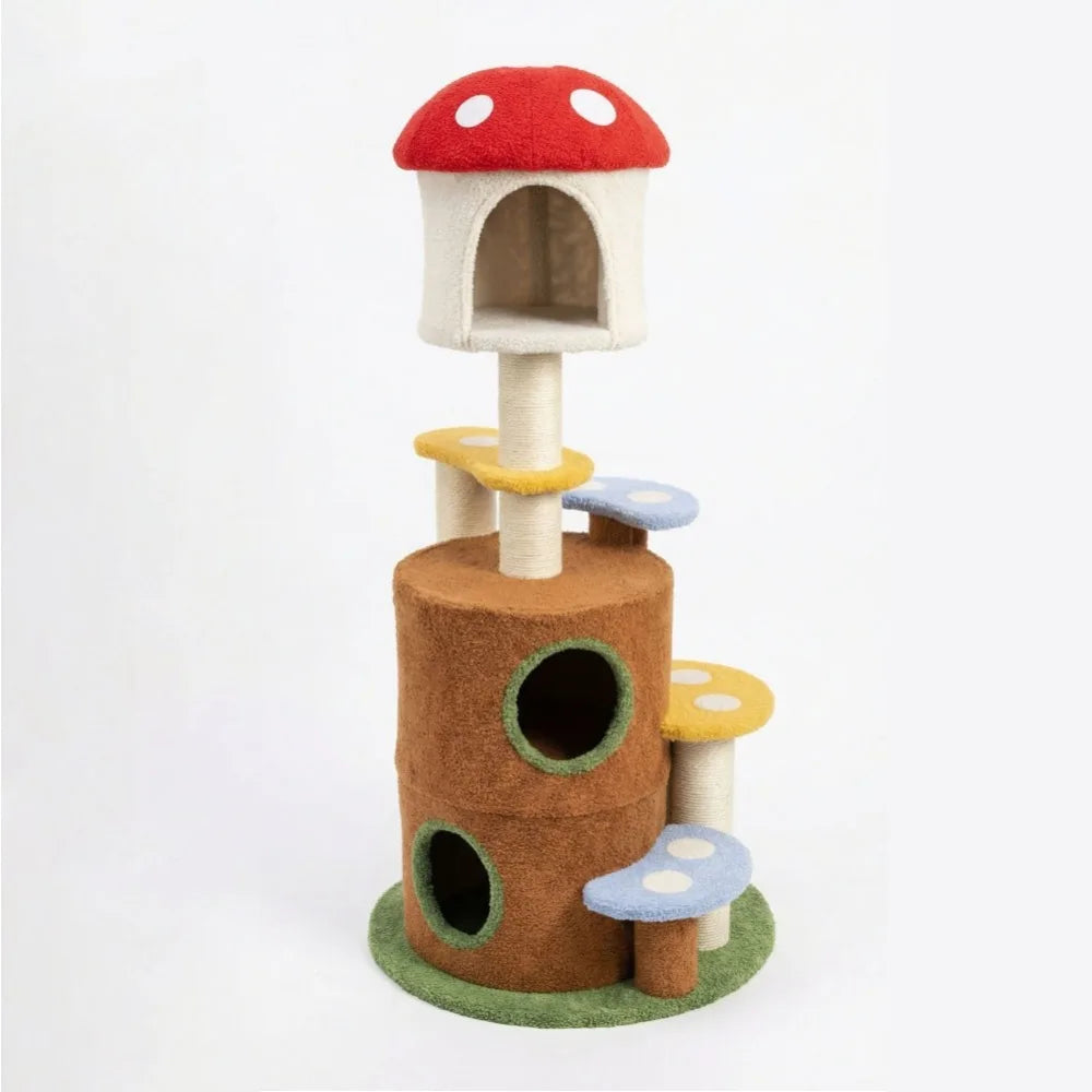 Mushroom Cat Tree Multi Level Indoor Cat Tower with Sisal Scratching Posts Cozy Condo and Plush Platforms for Climbing