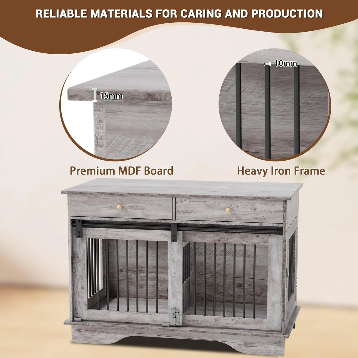 Dog Furniture Crate, 47" Large Dog Crate Furniture w/ 2 Storage Draws & Removable Divider for Large/Medium/Small Dogs (Grey, One Cage)
