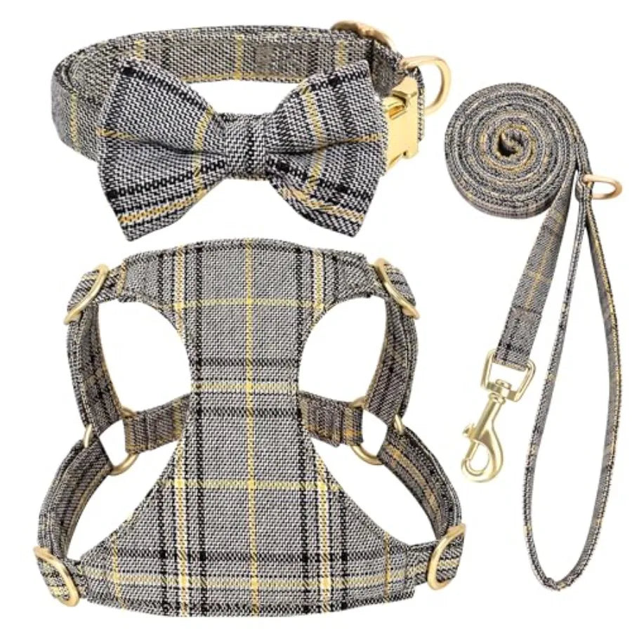 Adjustable Dog Harness Collar And Leash Set With Bowtie