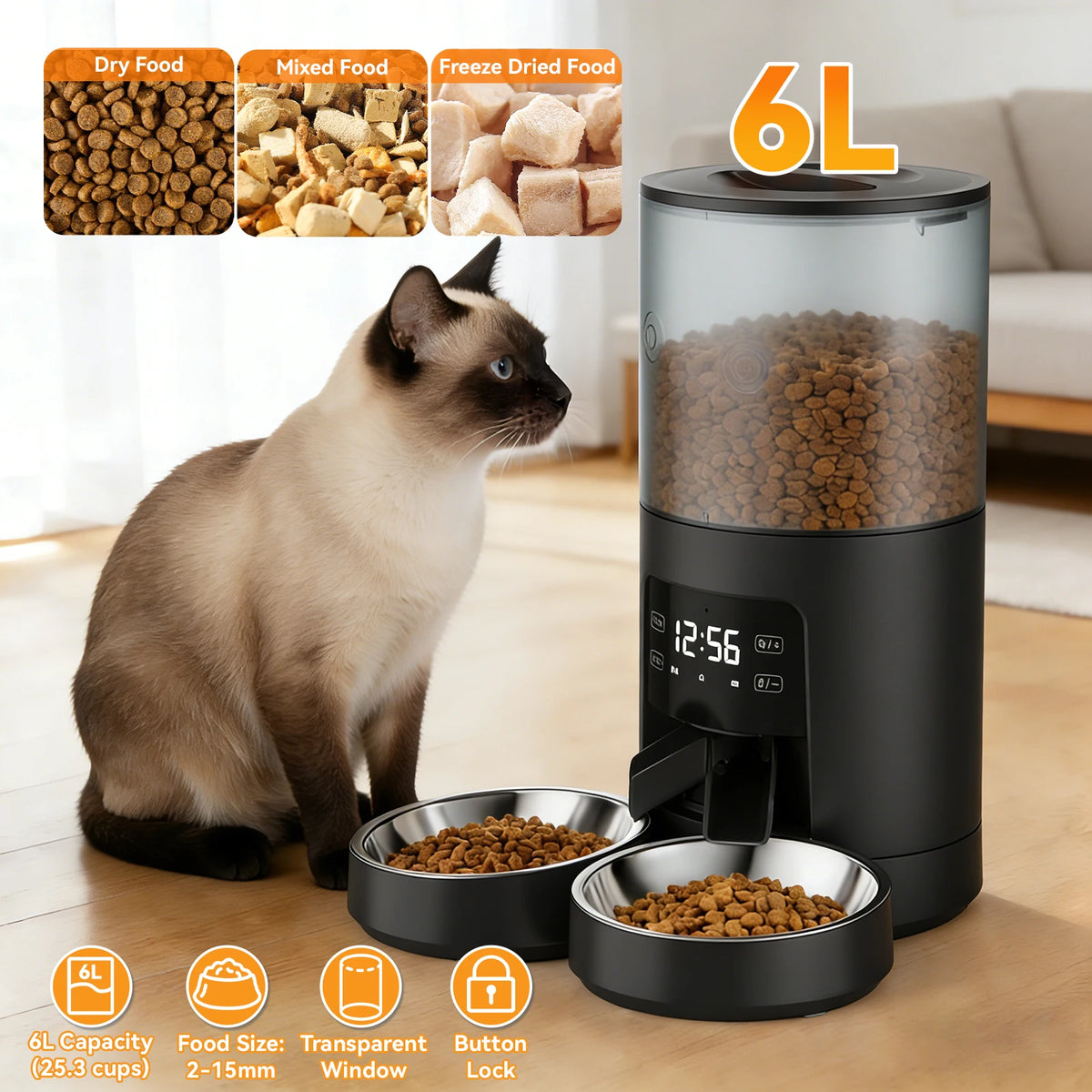 JHK Automatic Cat Feeder With Dual Stainless Bowls Timed Feeding