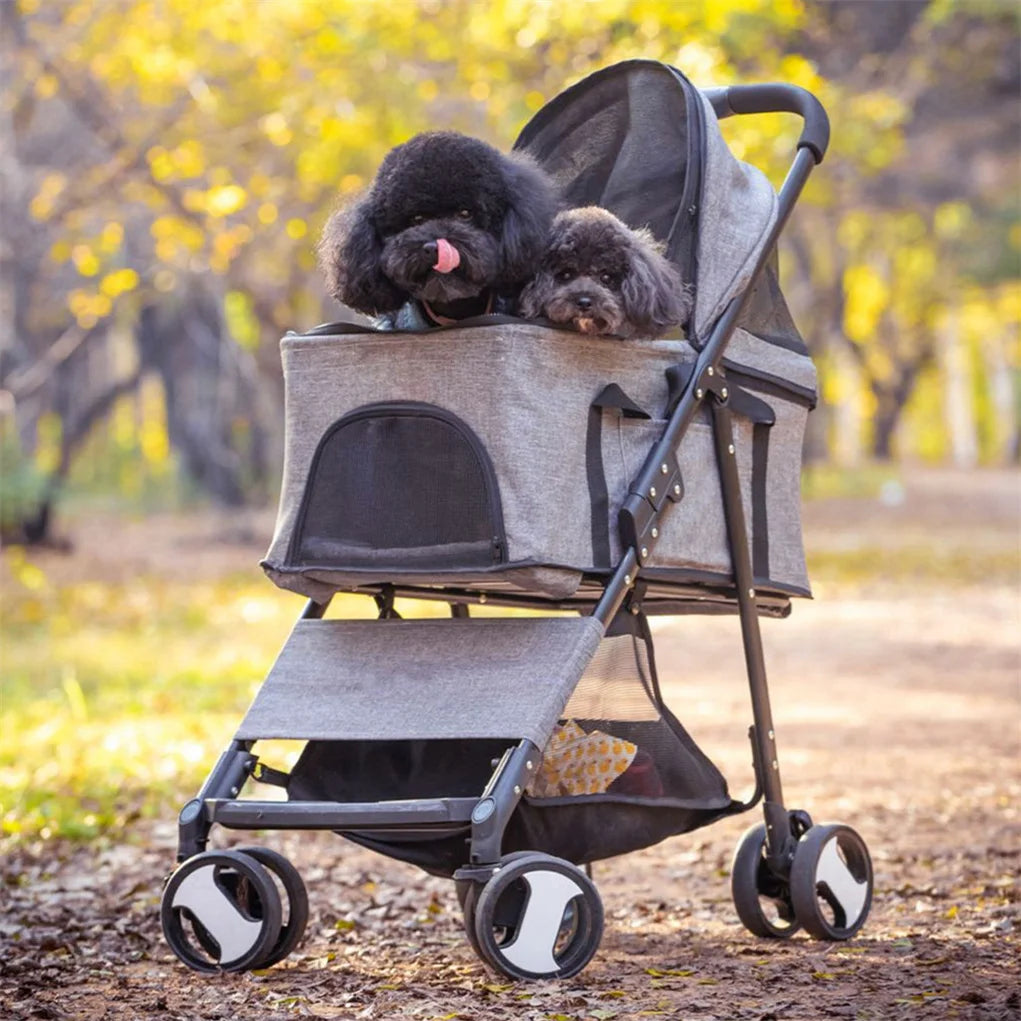 Foldable Pet Dog and Cat Travel Stroller With Storage Basket