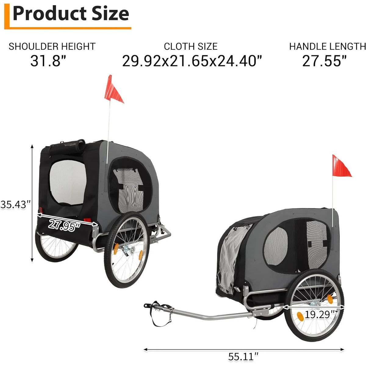 Dog Bike Trailer & Jogging Stroller, Collapsible Frame for Medium/Large Dogs up to 88lbs - Ventilated, Waterproof, Quick-Release Aluminum Wheels, Compatible Hitch