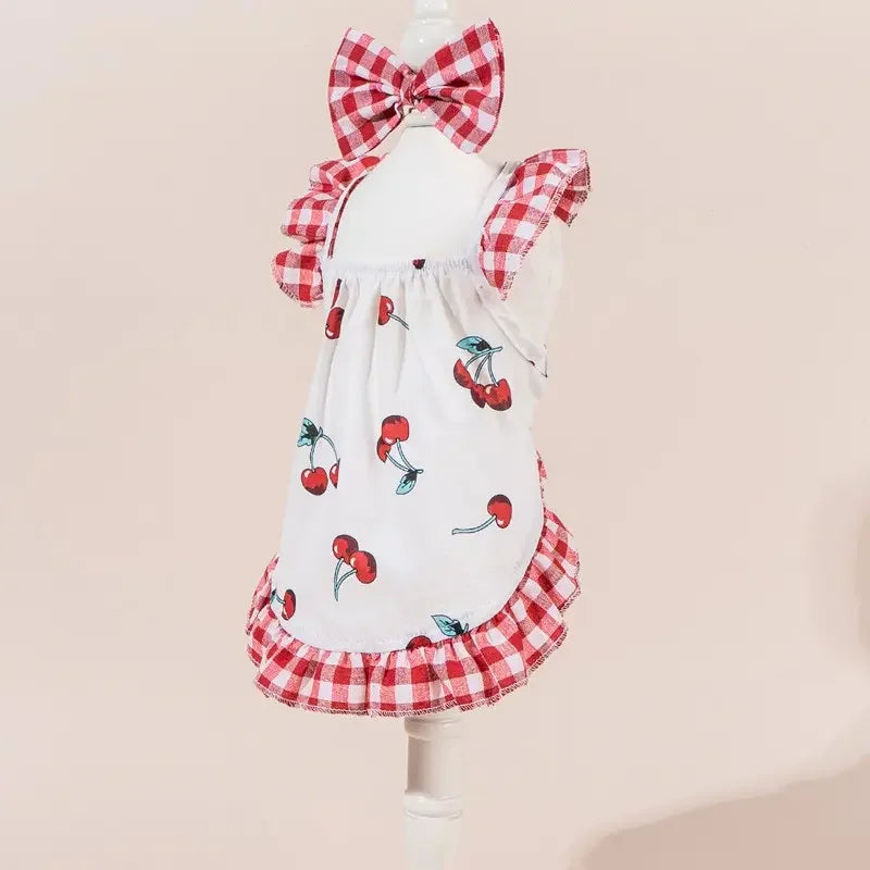 Printed Plaid Pet Dress With Bow, Elastic Mesh Princess Costume