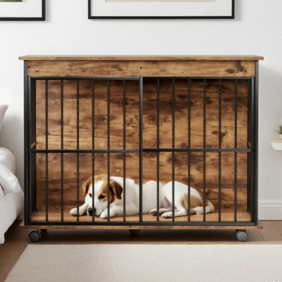 Large Dog Crate Furniture with Sliding Door, Wooden Pet Kennel End Table & Coffee Table for Living Room, Sturdy MDF Dog Cage House for Medium Large Dogs, Easy Assembly