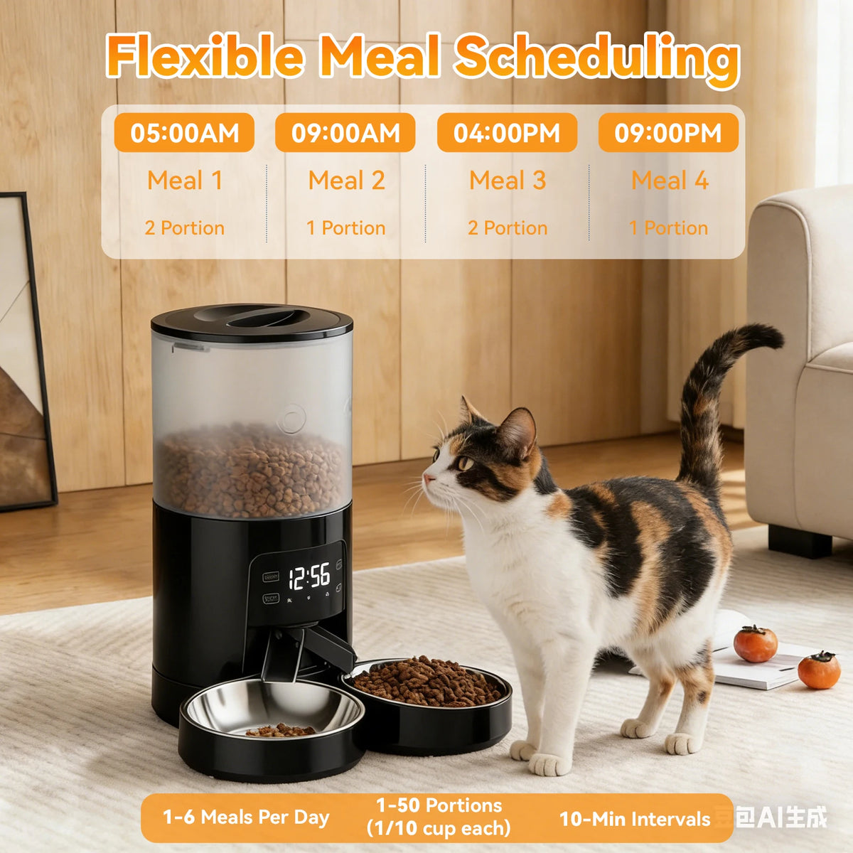 JHK Automatic Cat Feeder With Dual Stainless Bowls Timed Feeding