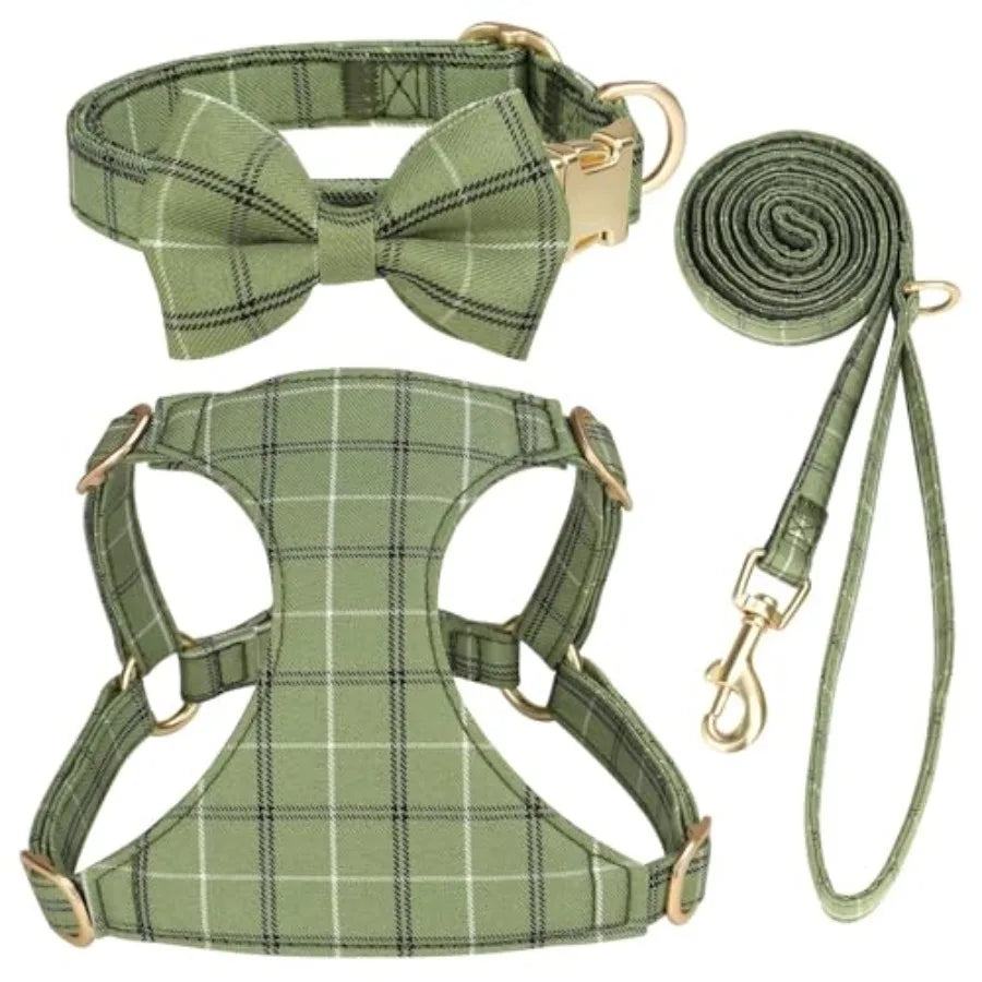 Adjustable Dog Harness Collar And Leash Set With Bowtie