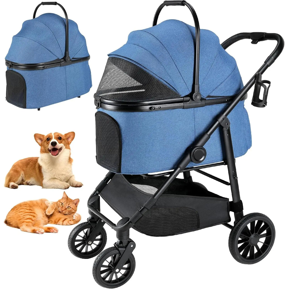 Foldable All Terrain Pet Stroller With Carrier And Basket
