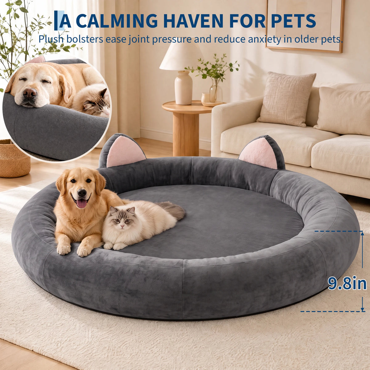9.8" Round Dog Bed XXL Extra Large Thick Pet Couch Memory Foam Pet Couch for Large & Senior Dogs Supportive Bolster Design Brown Grey