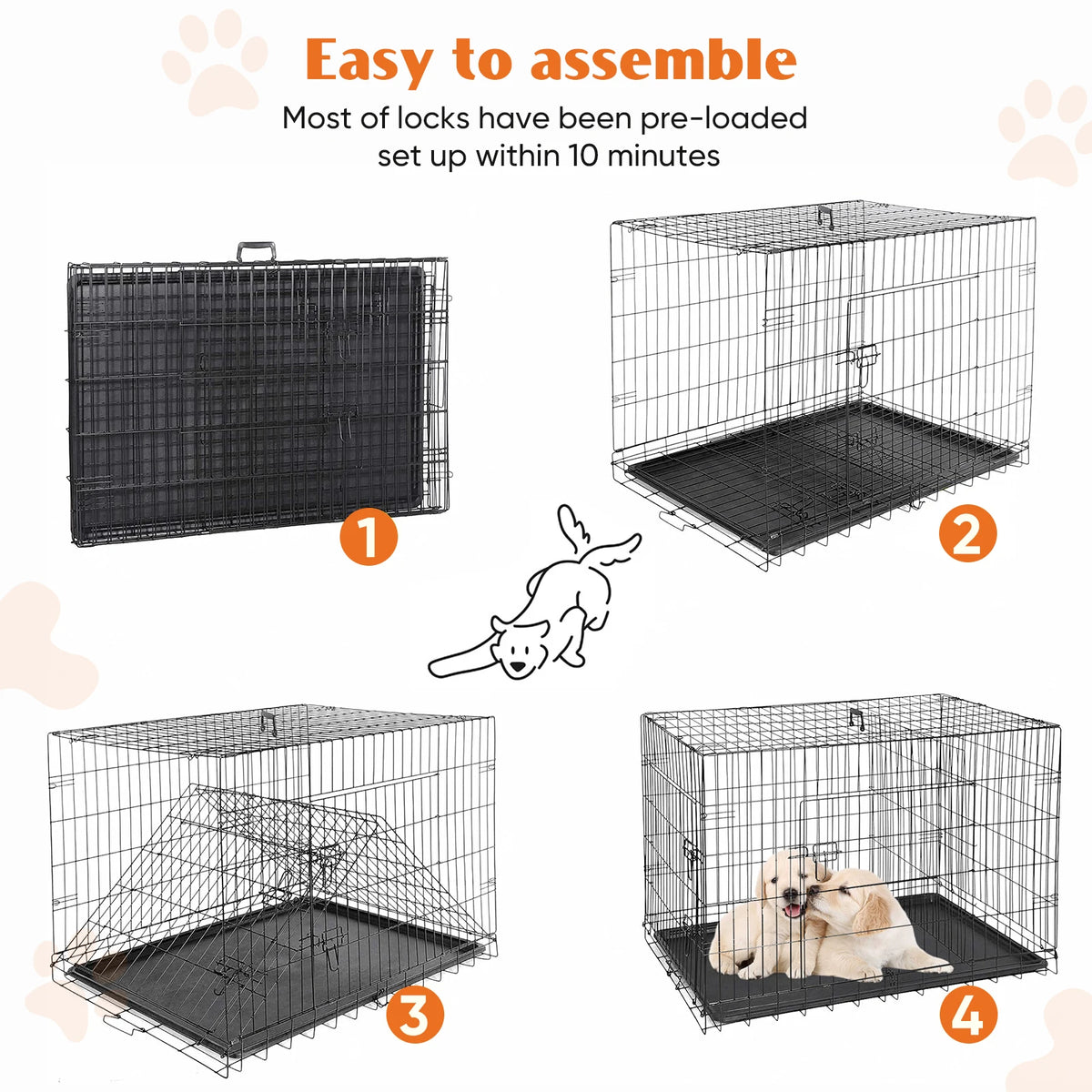 JHK Double Door Folding Metal Wire Dog Kennel Leakproof Tray