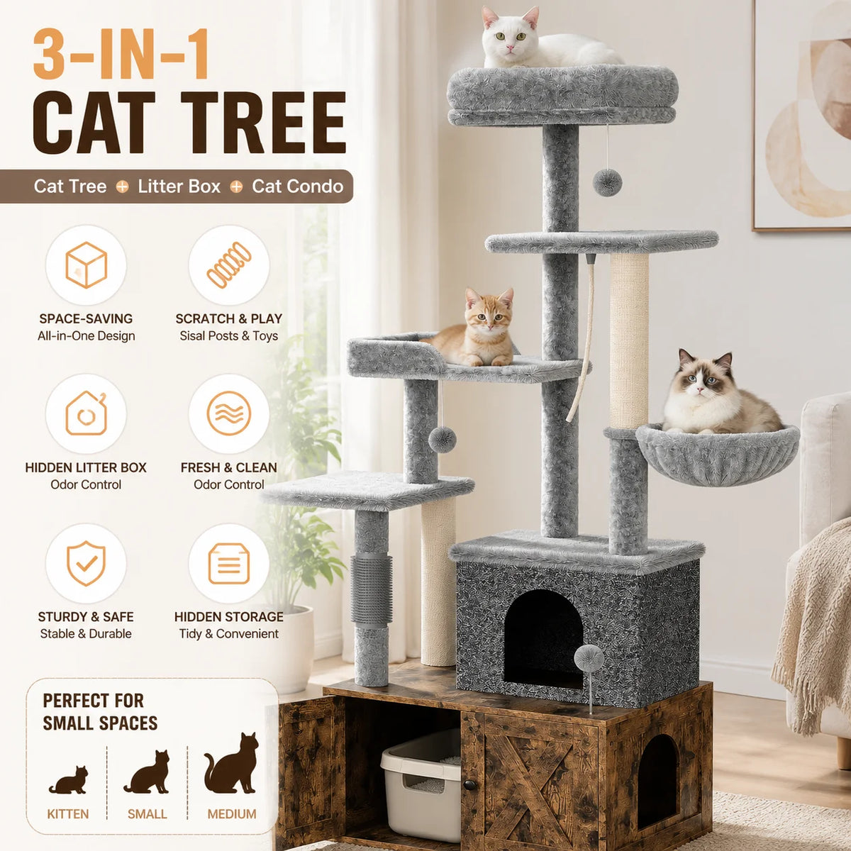 Modern Cat Condo With Integrated Litter Box And Scratching Posts
