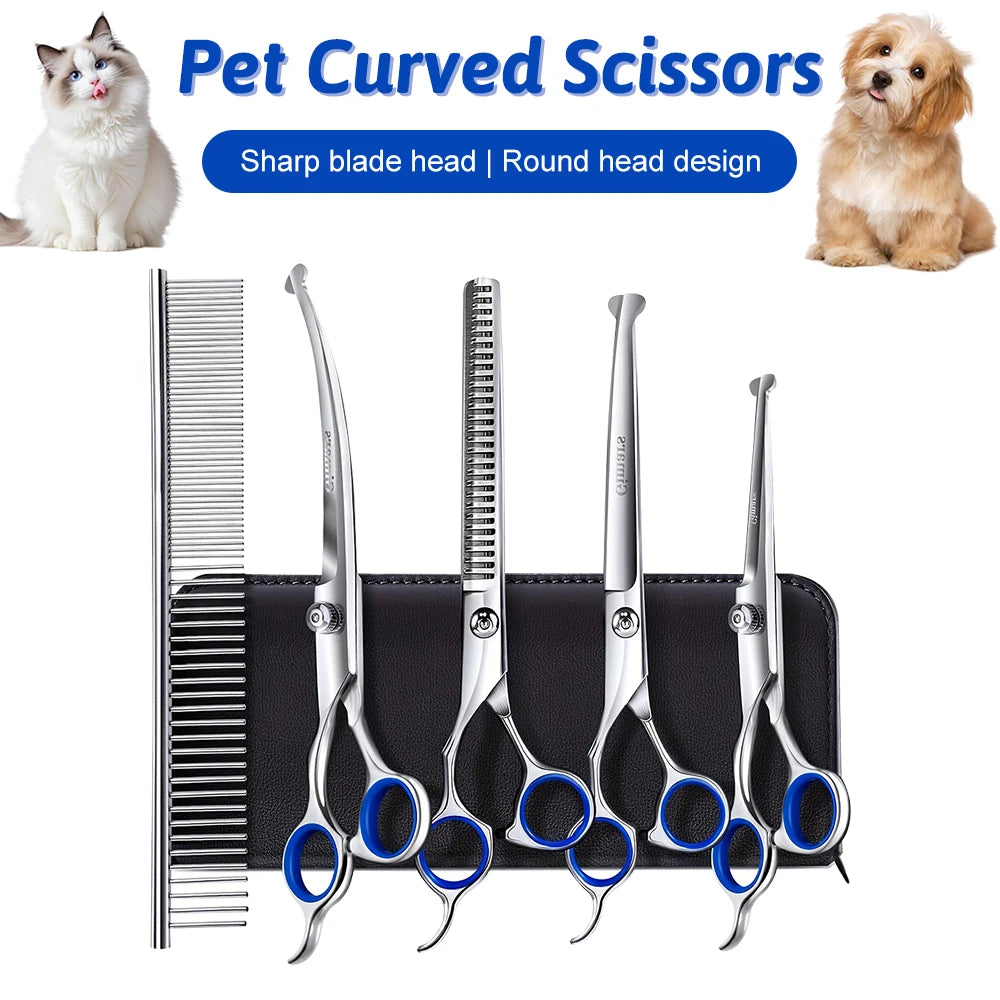 Professional Dog Grooming Scissors Set 7 in 1 Stainless Steel Pet Clippers With Ceramic Coating Ergonomic Handle Safe Round Tips Storage Case