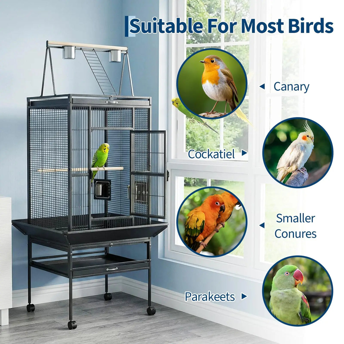 HiMISS Large Parrot Cage With Rolling Stand And Play Top