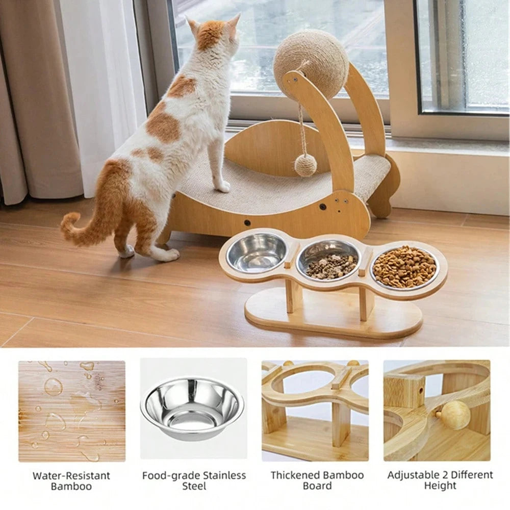 Elevated Wooden Cat Feeder With Three Stainless Steel Bowls