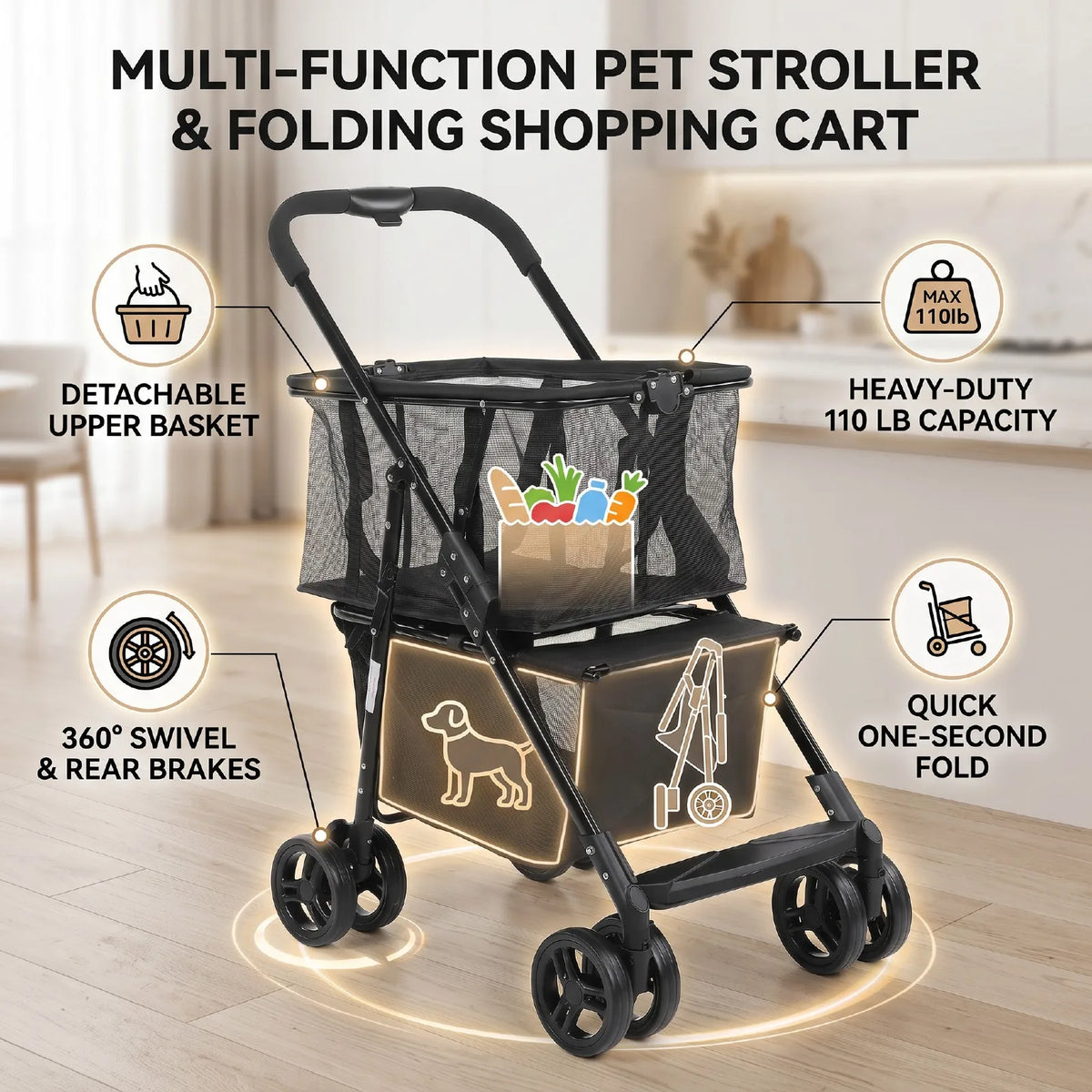 Cat Dog Pet Stroller Folding Shopping Cart 110LBS Load Capacity Detachable Hand Basket 2-Layer 360° Swivel Wheels with Brakes