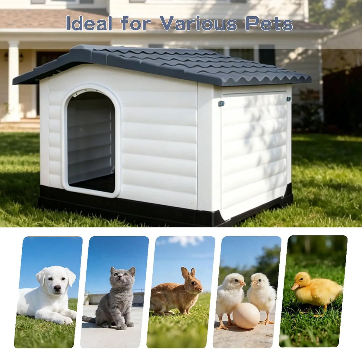 Waterproof 2-Door Dog House, Grey – Fold-Out Porch, Elevated Base, for Indoor/Outdoor Use, Small & Medium Dogs, 31"L X 21"W X 26"H, Easy Assembly