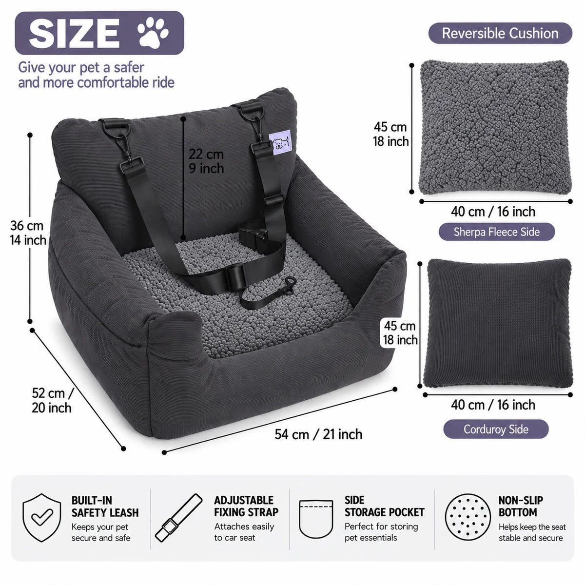 Wild Mirth Dog  Booster Car Seat & Portable Dog Bed, Portable & Washable, Anti-Slip Bottom, Storage Pockets, Safety Clip & Straps
