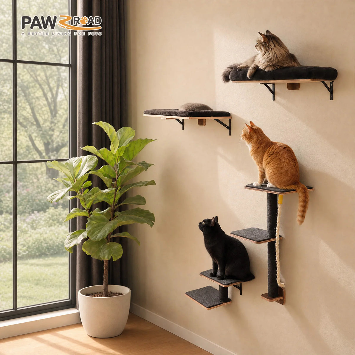 PAWZ Road Wooden Cat Climbing Wall Shelves Sisal Scratching Posts