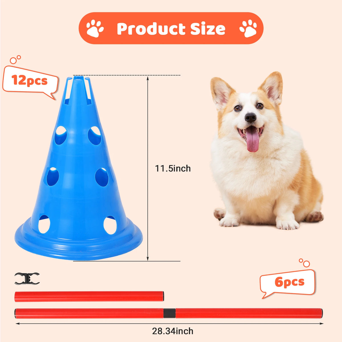 Dog Agility Hurdle Cone Set — 12 Cones & 6 Rods, Adjustable Height, Adjustable 4-Level Heights for Beginner to Advanced Jumpers, Includes 12 Cones & 6 Rods in a Carry Bag, Use Indoors & Outdoors