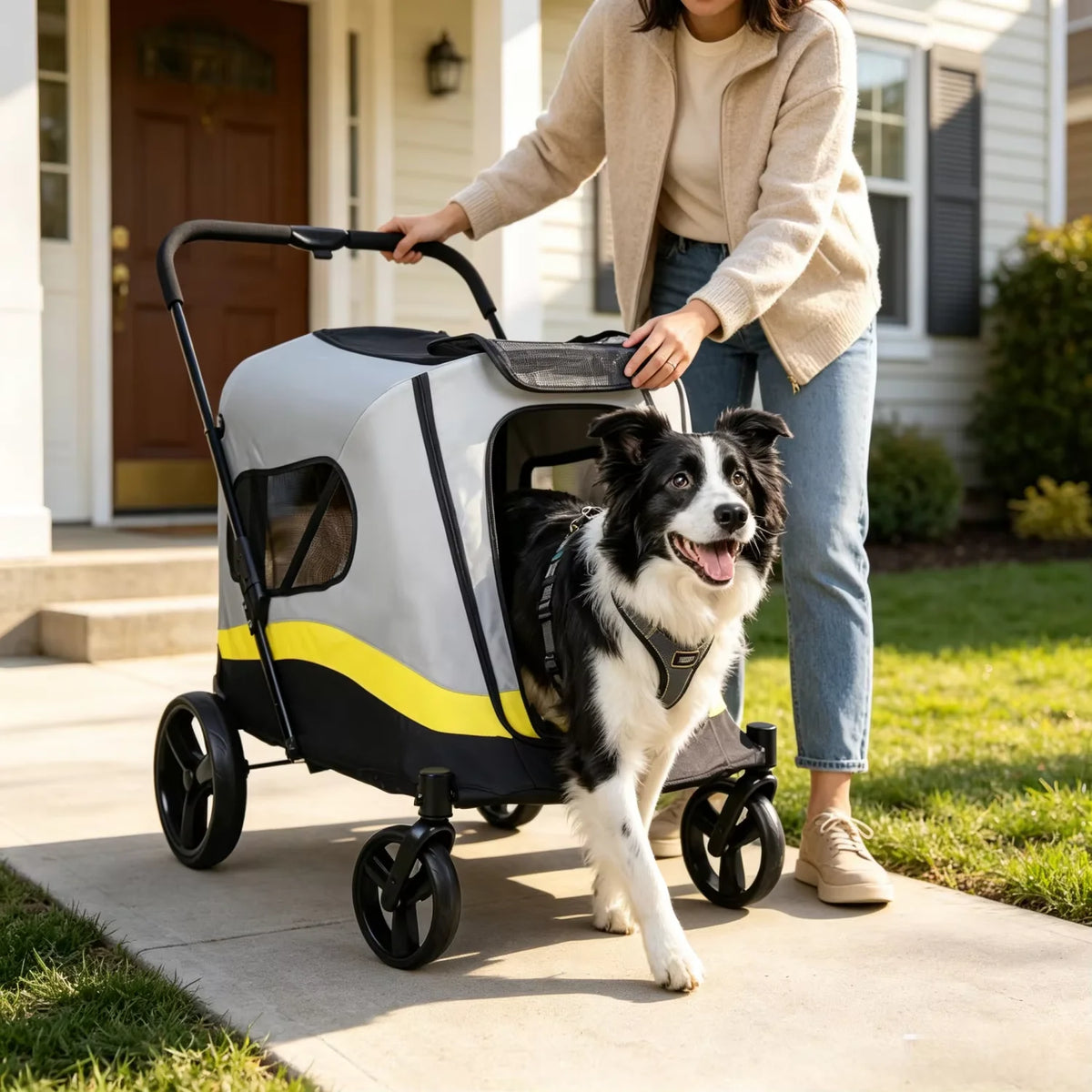 Multi Sized One-click Folding Dog Stroller 4 Wheels Dog Jogger Wagon Stroller Breathable and Visible Mesh for Small to Large Dogs Pet Jogging Carriage Stroller