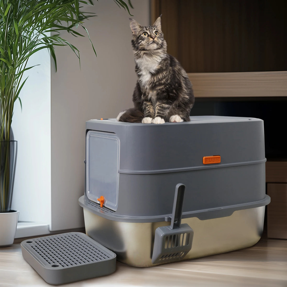 Enclosed Stainless Steel Cat Litter Box With Lid And Scoop