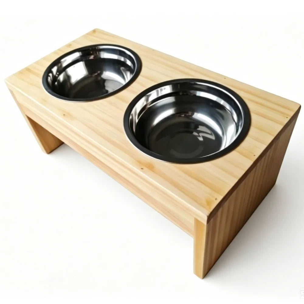 Wooden Elevated Dog Bowls With Stainless Steel Double Bowls