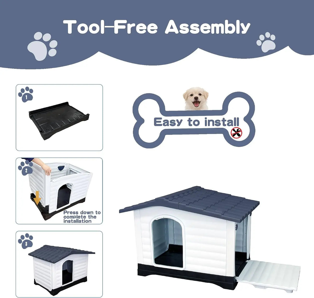 Waterproof 2-Door Dog House, Grey – Fold-Out Porch, Elevated Base, for Indoor/Outdoor Use, Small & Medium Dogs, 31"L X 21"W X 26"H, Easy Assembly