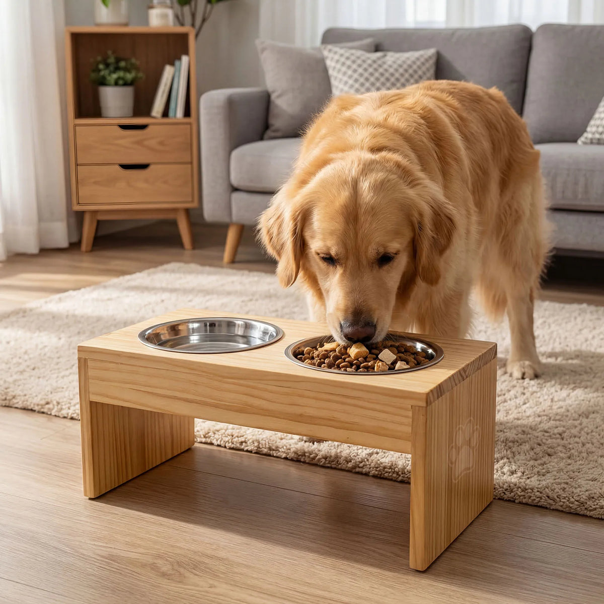 Wooden Elevated Dog Bowls With Stainless Steel Double Bowls