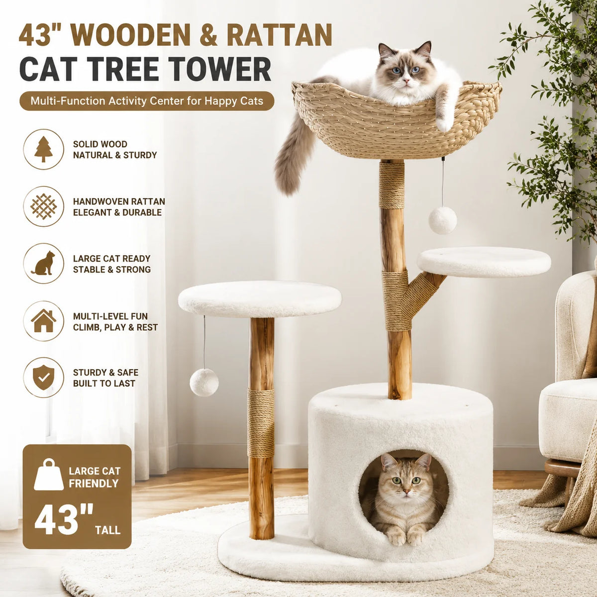 Wooden Cat Tree Tower With Rattan Perches Activity Center