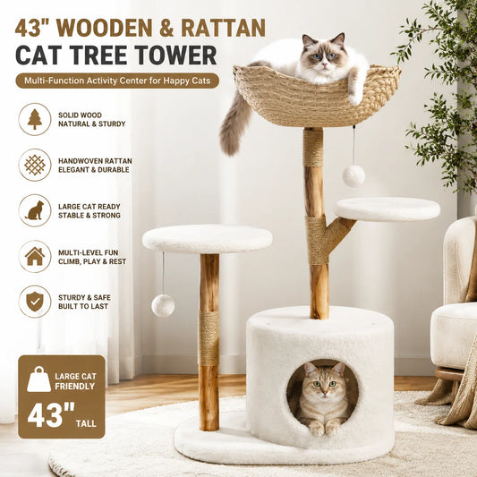 Wooden Cat Tree Tower With Rattan Perches Activity Center