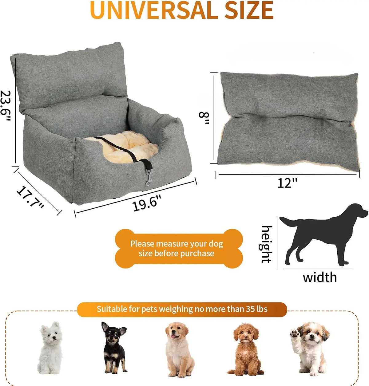 Elevated Dog Booster Car Seat Bed, Grey, 60x45x50 cm, Small Dogs up to 18 lb, Portable Travel Seat with Safety Tether, Washable Reversible Cushion Front/Back Seat
