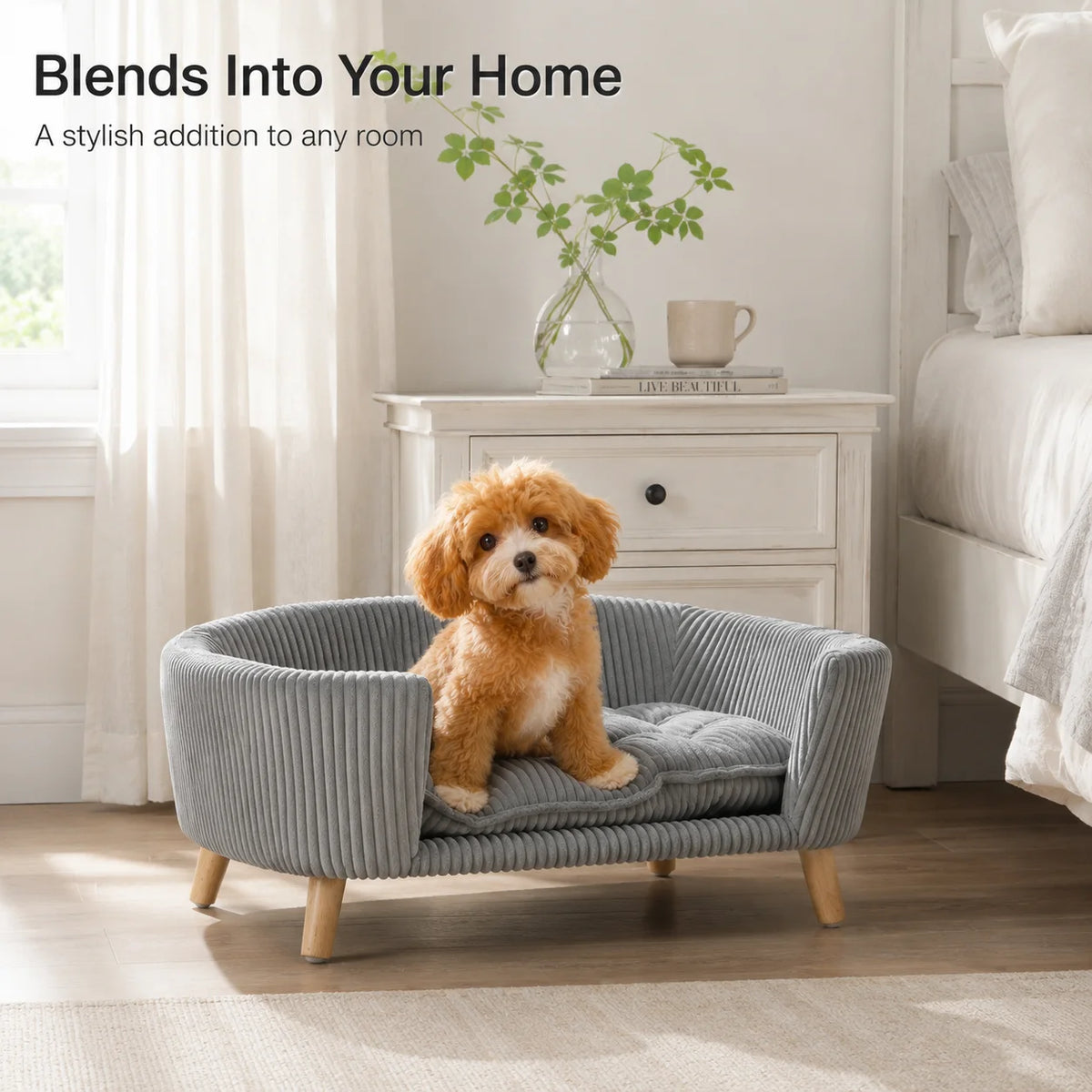Elevated Corduroy Pet Sofa Bed With Rubber Wood Legs