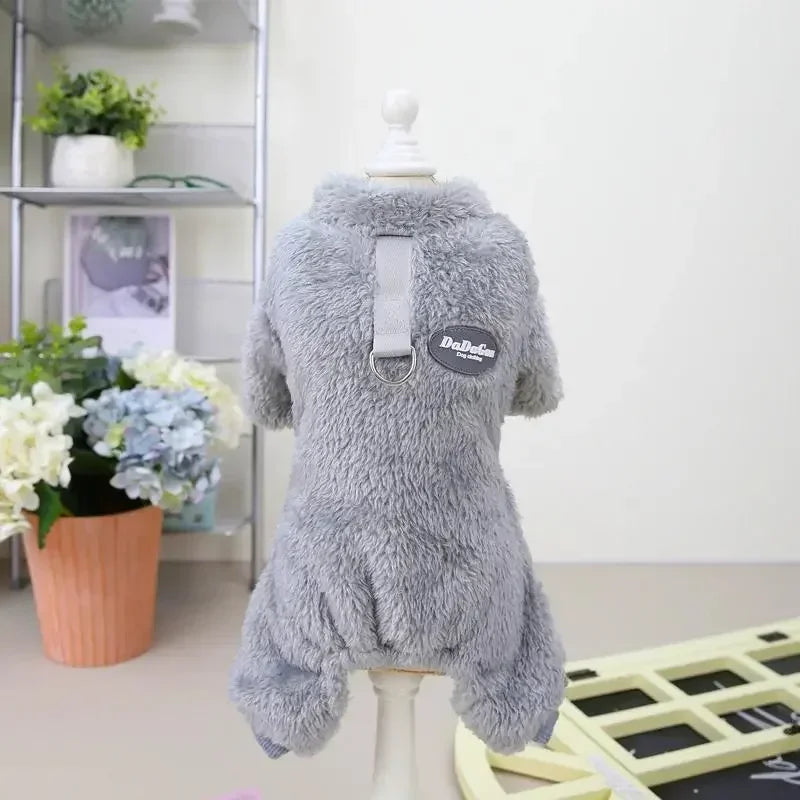 Warm Fleece Dog Jumpsuit With Pull Ring for Puppies