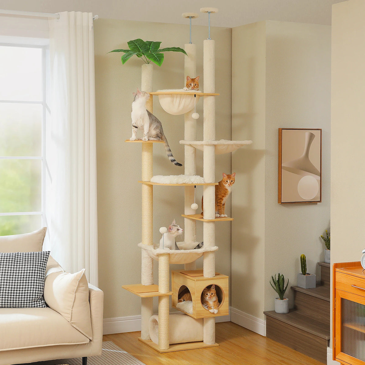 PAWZ Road Adjustable Wooden Cat Tree with Sisal Scratching Posts