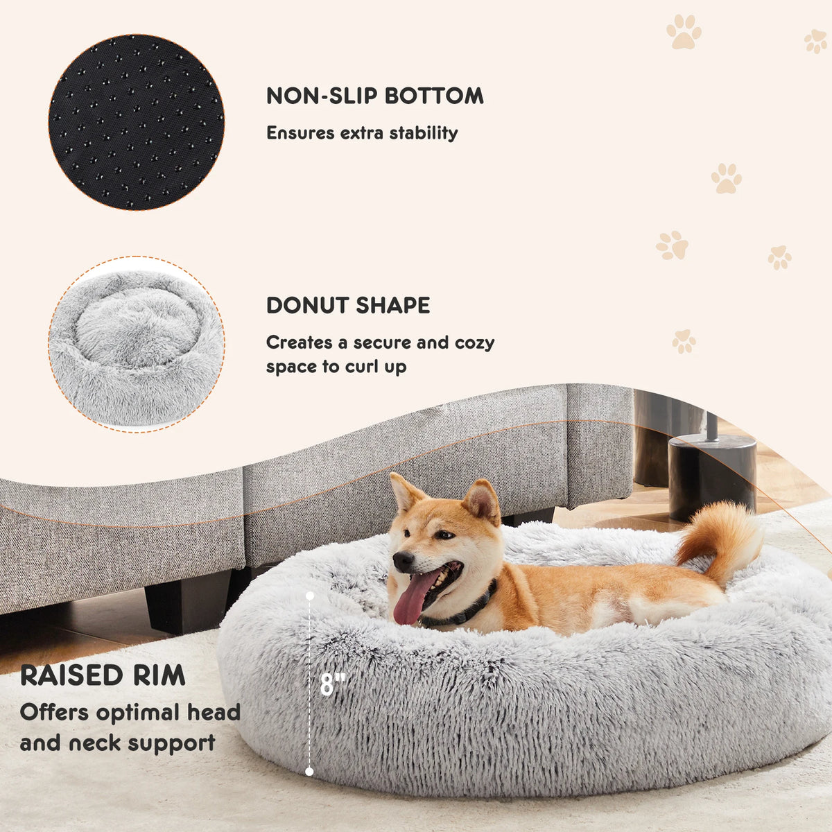 JHK Calming Premium Faux Fur Washable Anti Slip Dog Bed