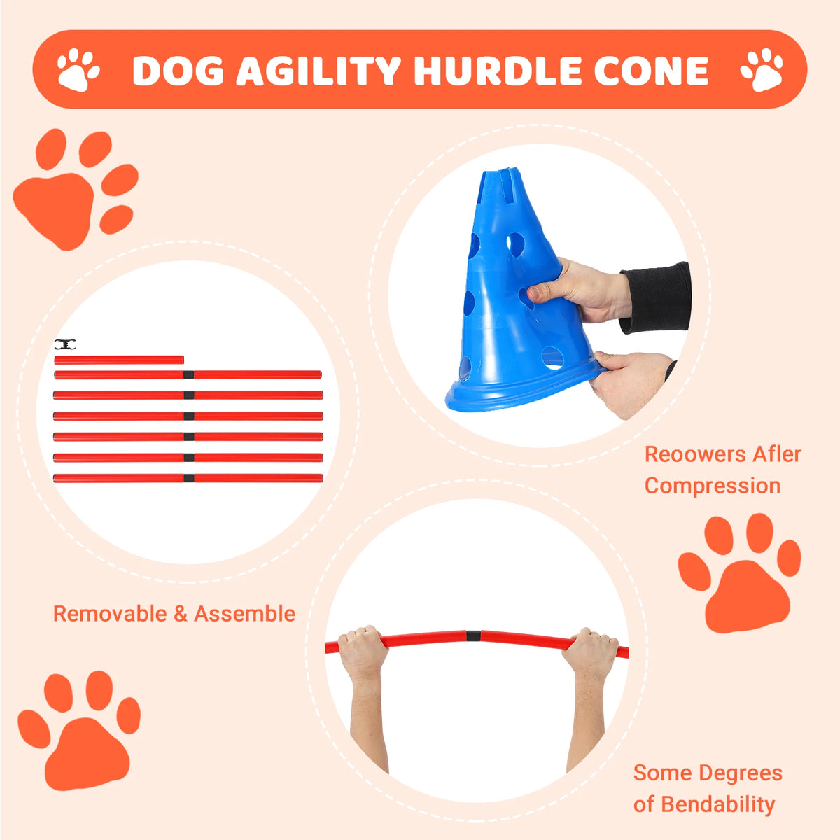 Dog Agility Hurdle Cone Set — 12 Cones & 6 Rods, Adjustable Height, Adjustable 4-Level Heights for Beginner to Advanced Jumpers, Includes 12 Cones & 6 Rods in a Carry Bag, Use Indoors & Outdoors