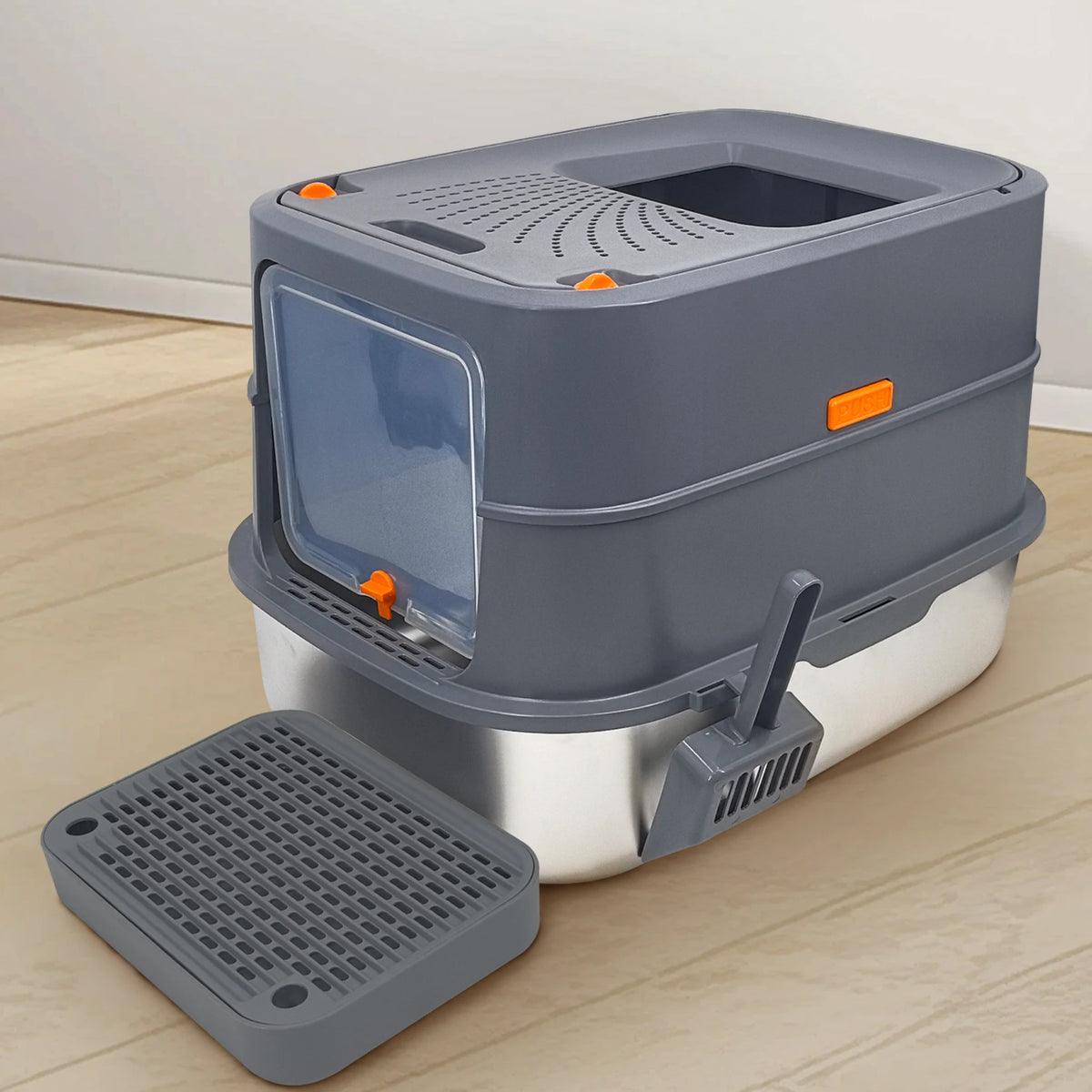 Enclosed Stainless Steel Cat Litter Box With Lid And Scoop