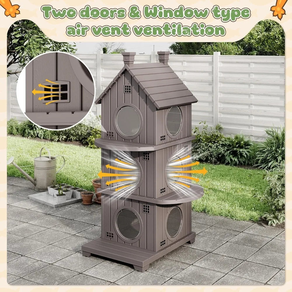 Outdoor Cat House Weatherproof, Durable Resin Cat Houses for Outdoor Indoor Cats, Litter Box Enclosure with Elevated Base, Anti-Slip Pad, Ventilation, Three-Story, Taupe Grey