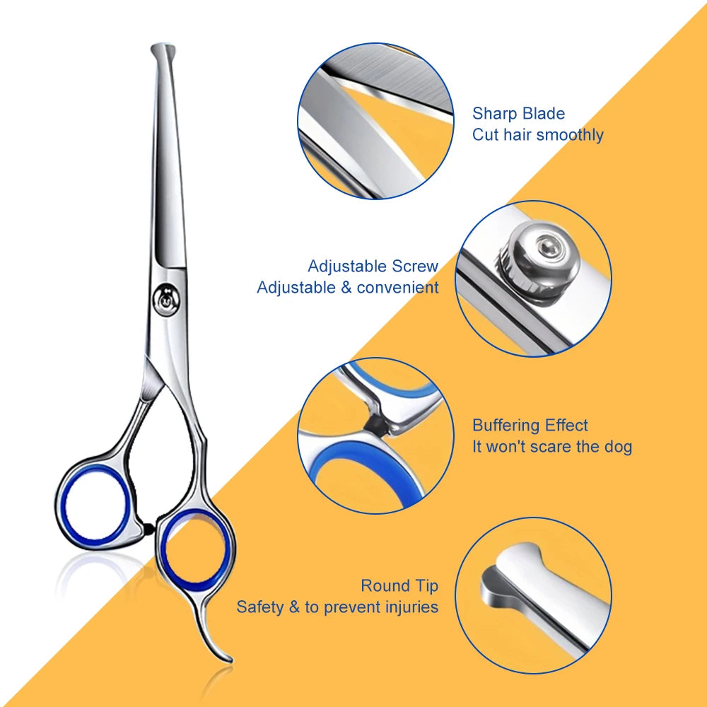 7-in-1 Professional Dog Grooming Scissors Set Stainless Steel Pet Clippers with Ceramic Coating Ergonomic Handle Safe round Tips And Storage Case