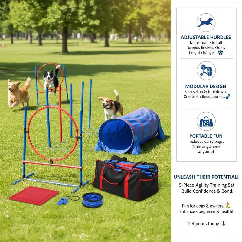 Dog agility training equipment, 5-piece set with adjustable high hurdles, 6 slalom poles, tunnel, jump ring, rest box, whistle, collapsible bowl, obstacle course set for puppies with storage bags