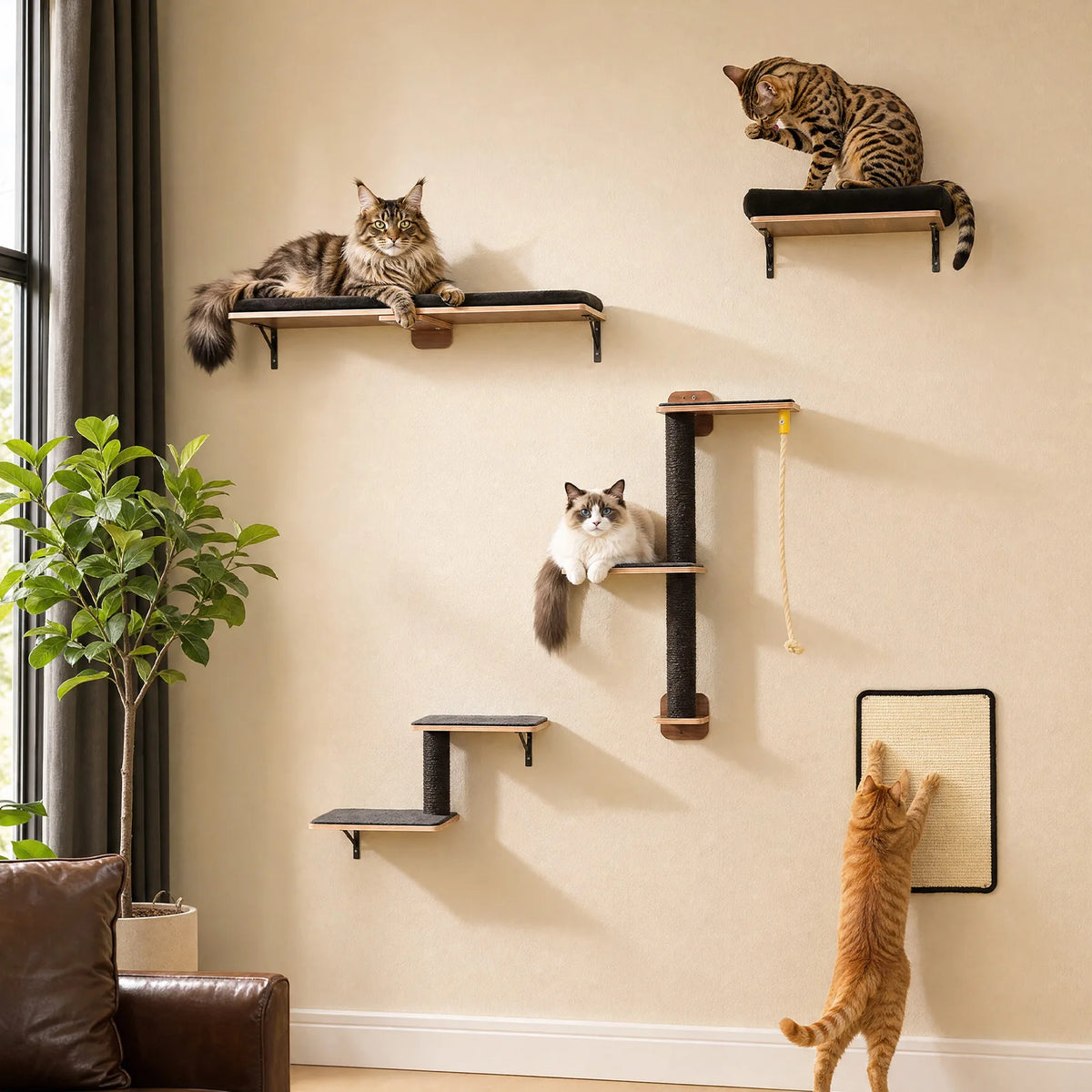 PAWZ Road Wooden Cat Climbing Wall Shelves Sisal Scratching Posts
