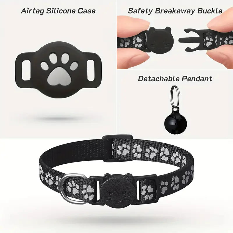 AirTag Cat Collar Reflective Paw Pattern Fit iOS Android System Quick Release Buckle Waterproof Anti-Lost Collar for Small Cats