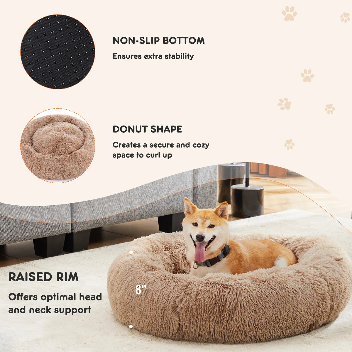 JHK Calming Round Dog Bed Fluffy Washable Faux Fur