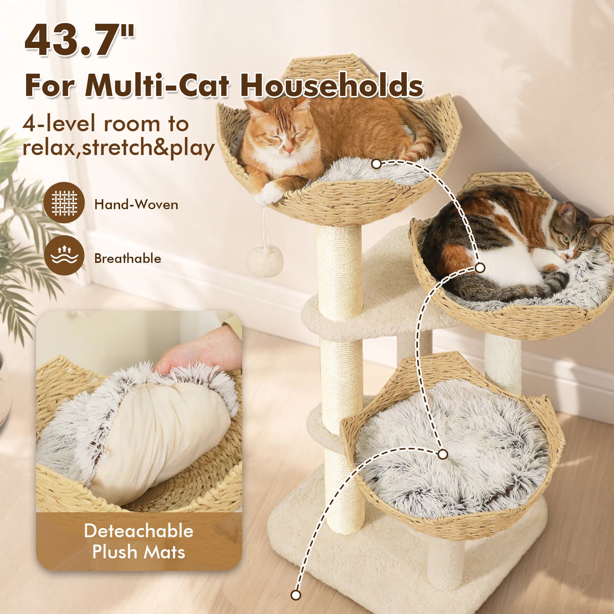 PAWZ Road Multi-Level Cat Tree Rattan Baskets Sisal Scratching Posts
