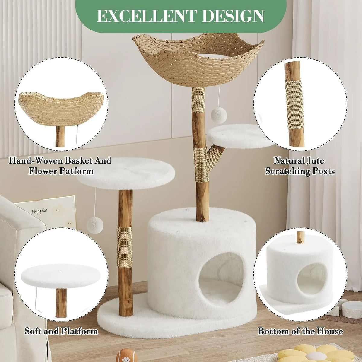 Wooden Cat Tree Tower With Rattan Perches Activity Center
