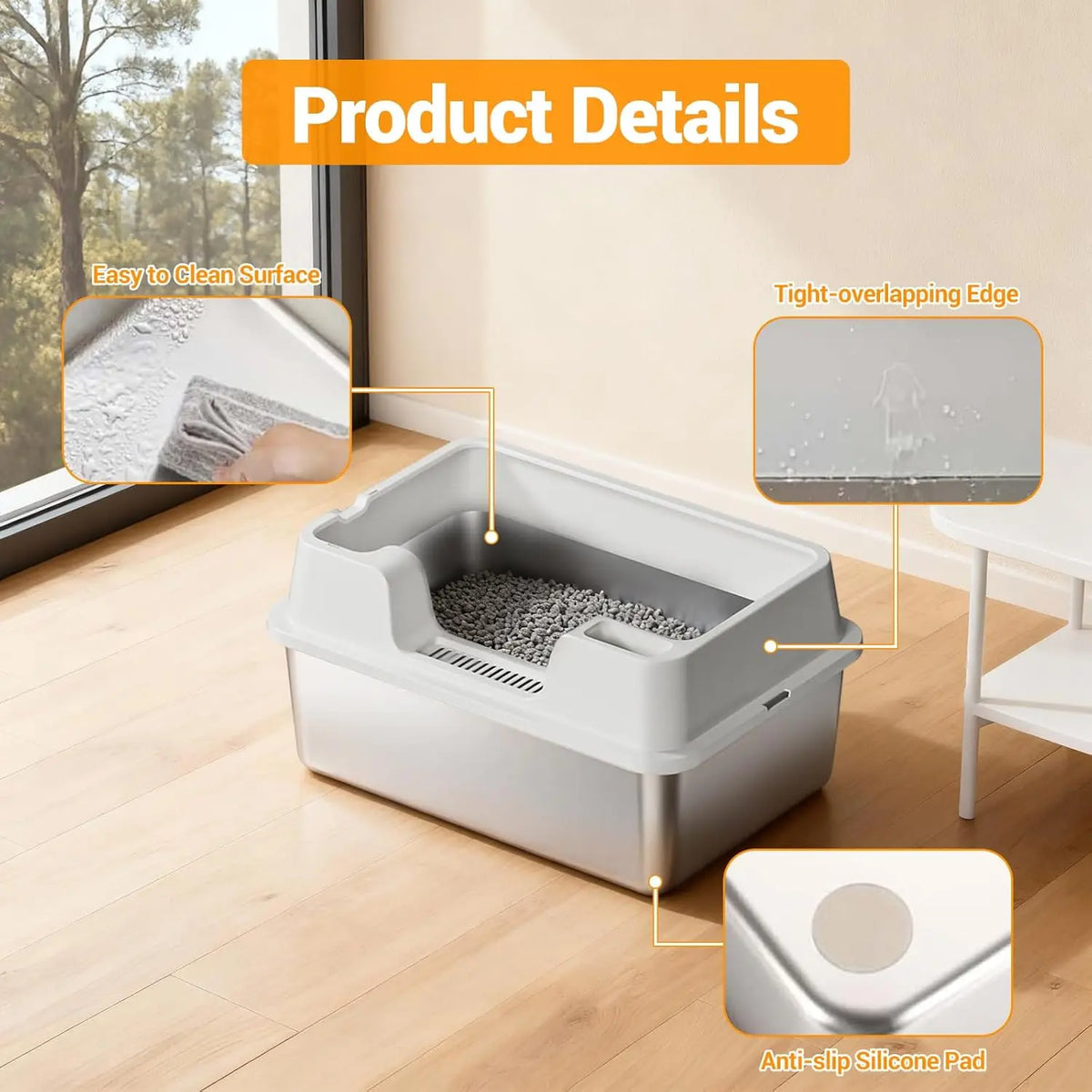 HiMISS Stainless Steel Enclosed Cat Litter Box With High Sides