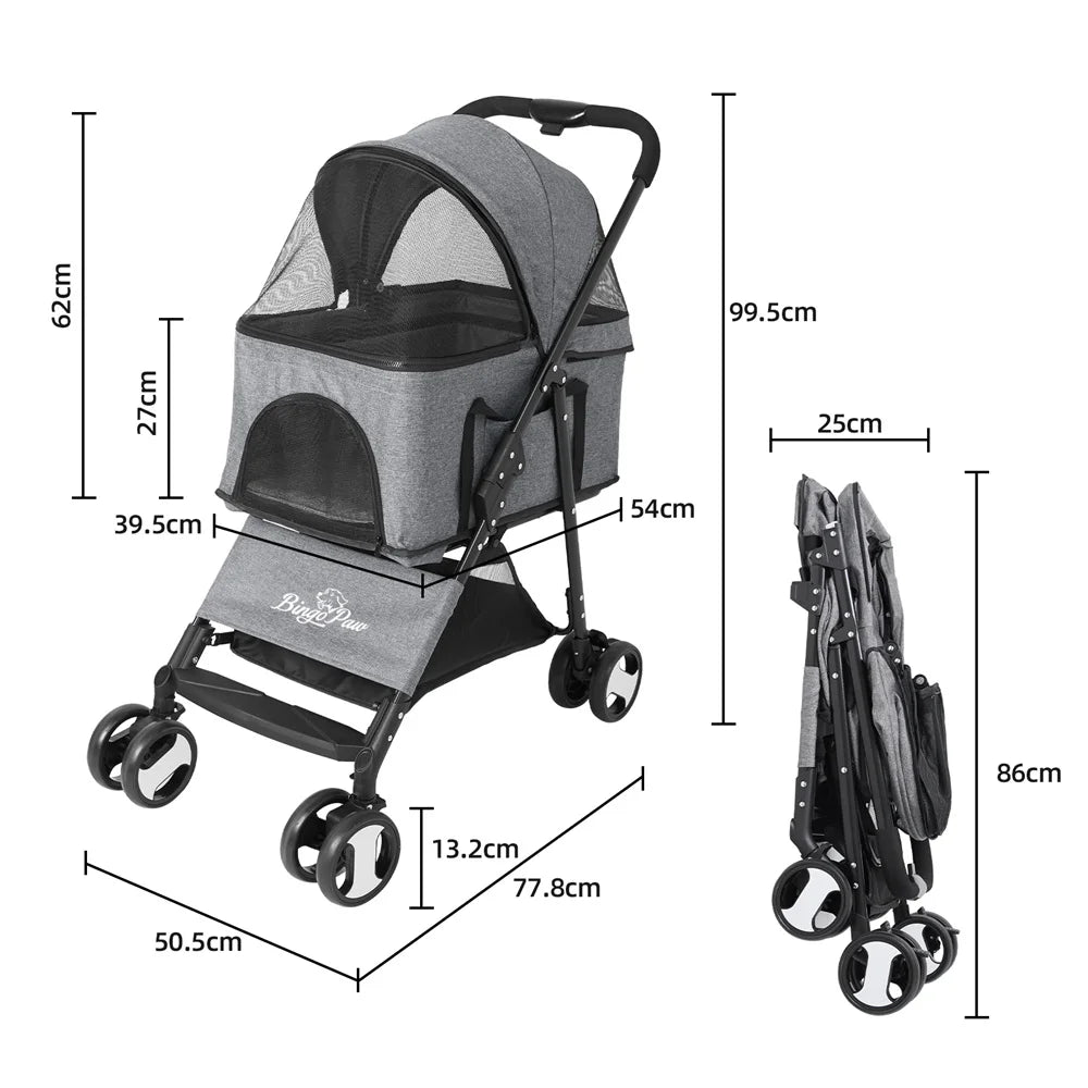 Foldable Pet Dog and Cat Travel Stroller With Storage Basket