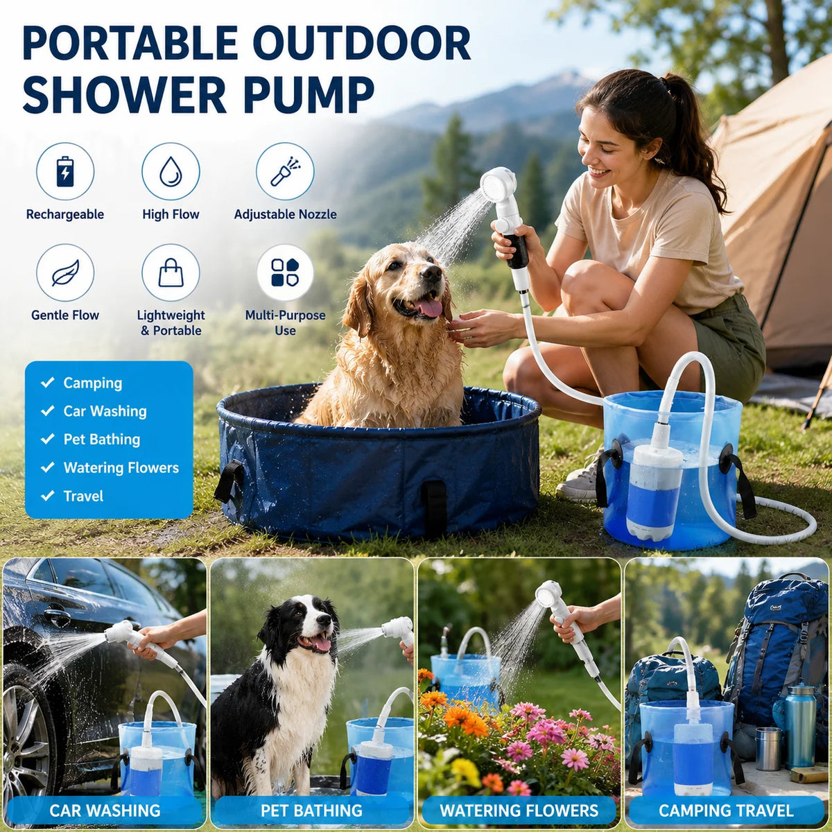 Portable Outdoor Shower Pump Handheld Rechargeable Gentle Flow for Camping Car Washing Pet Bathing Watering Flowers Travel Lightweight Durable Sprayer High Flow Adjustable Nozzle for Strong Yet Gentle Spray Gardening and Pet