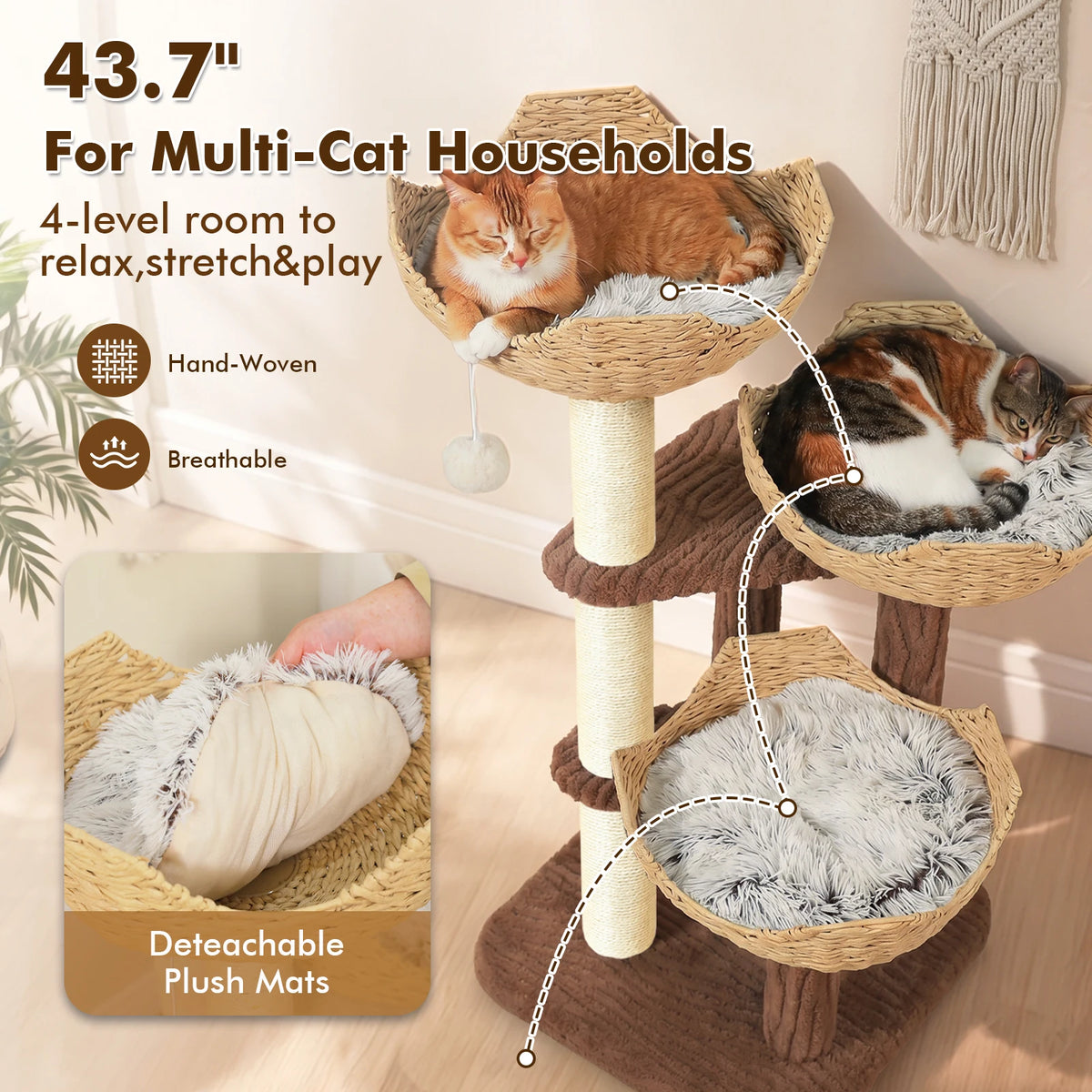 PAWZ Road Multi-Level Cat Tree Rattan Baskets Sisal Scratching Posts