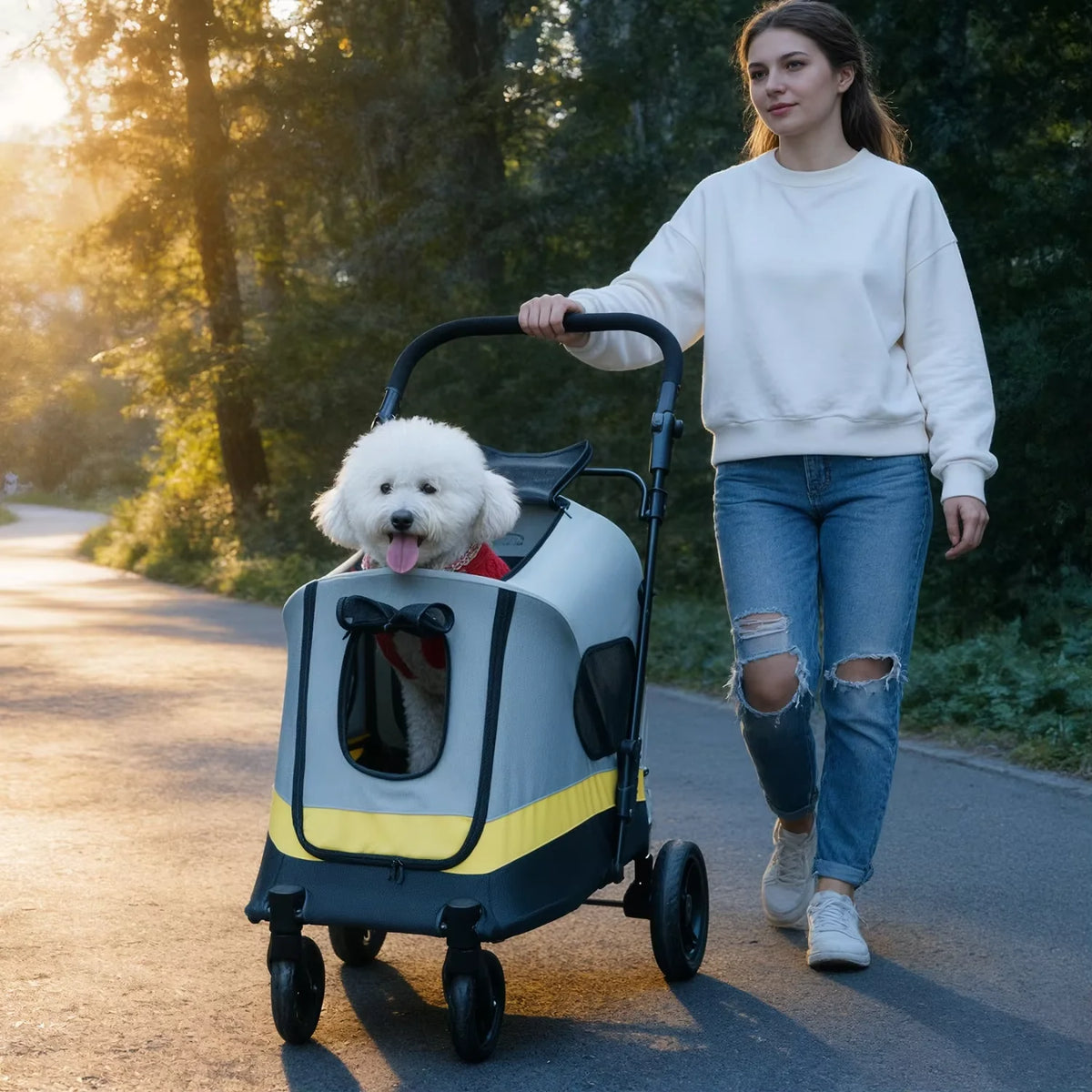 Multi Sized One-click Folding Dog Stroller 4 Wheels Dog Jogger Wagon Stroller Breathable and Visible Mesh for Small to Large Dogs Pet Jogging Carriage Stroller